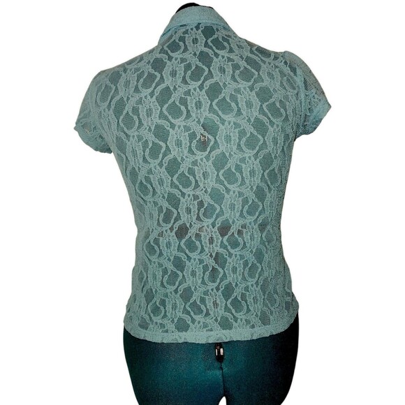 Apt 9 Womens Top ASO Rachel Green M Teal Floral Lace Short Sleeve V Neck Sheer - Picture 6 of 6